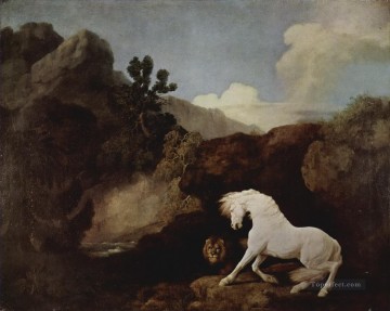 動物 Painting - ジョージ・スタッブス ライオンにおびえる馬 1770
